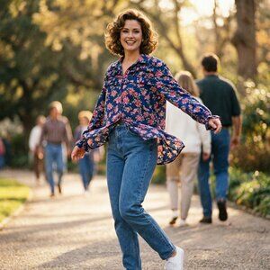 Rouge Collection Women’s Navy Floral Button-Up Blouse Boho Cottagecore Flowy 2X